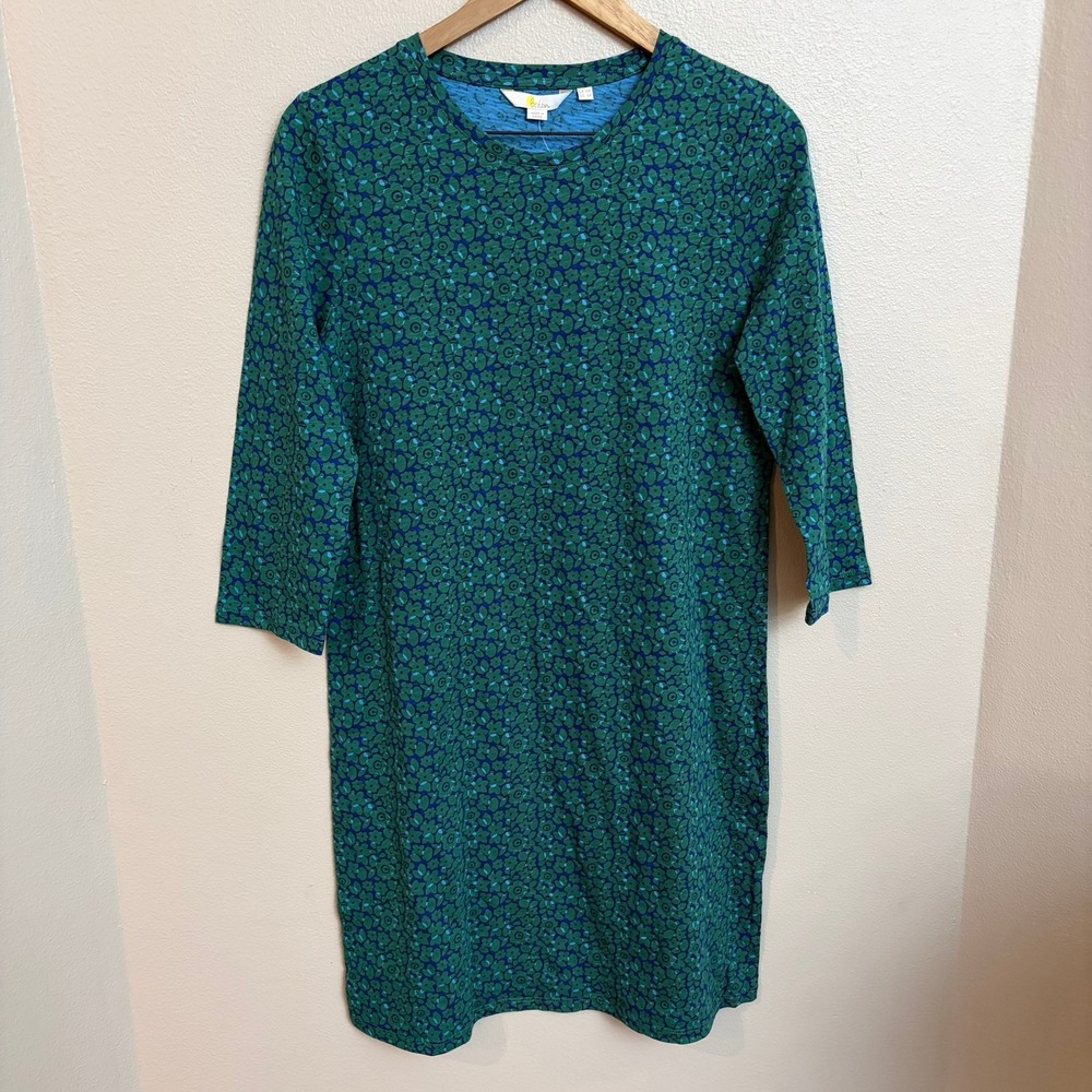 Boden Shift Dress US 6R Green Floral Cotton Slub 3/4 Sleeve Casual Mini